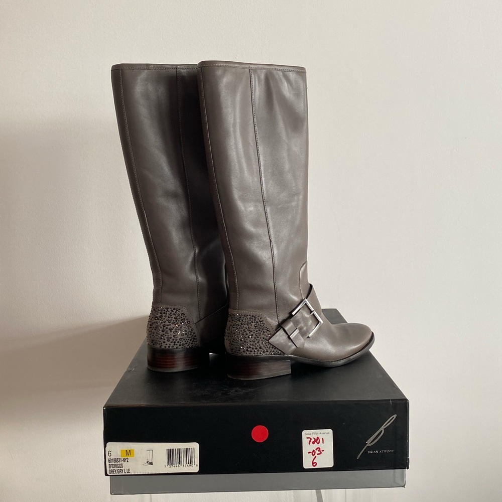 Brain Atwood grey up to the knee boots with rhinestones